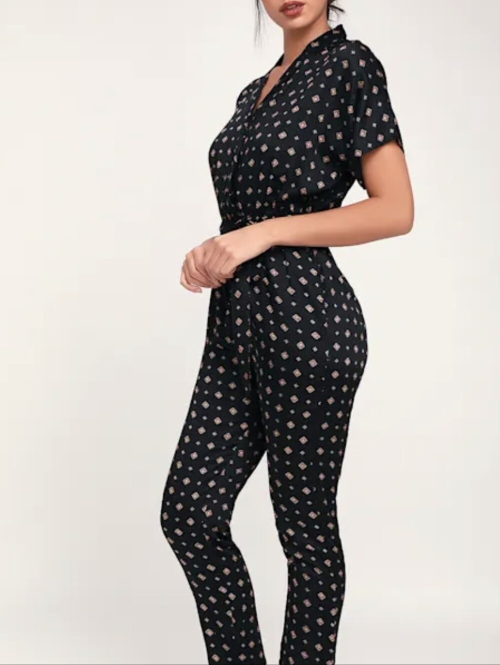 S/M Billabong Bed Story Black Geometric Print Short Sleeve Belted Jumpsuit - Picture 2 of 11